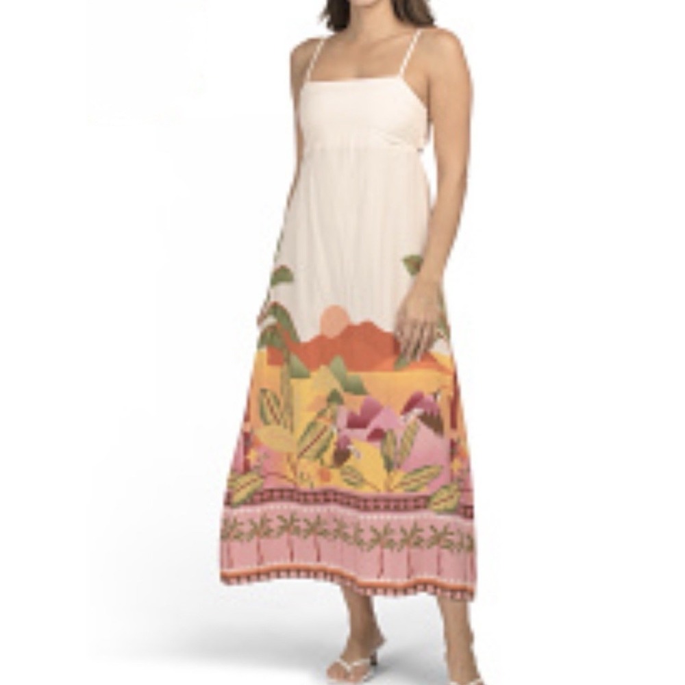 NWT Paper Heart Anthro Maxi Dress M Palm Landscape Toucan Strappy Tie Back